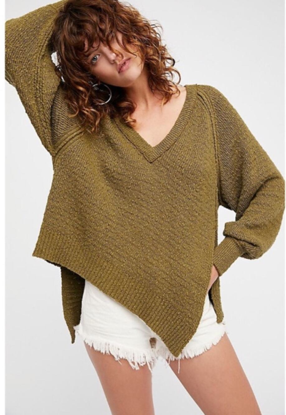 Free People West Coast Asymmetrical V Neck Long Sleeve Sweater Green XS